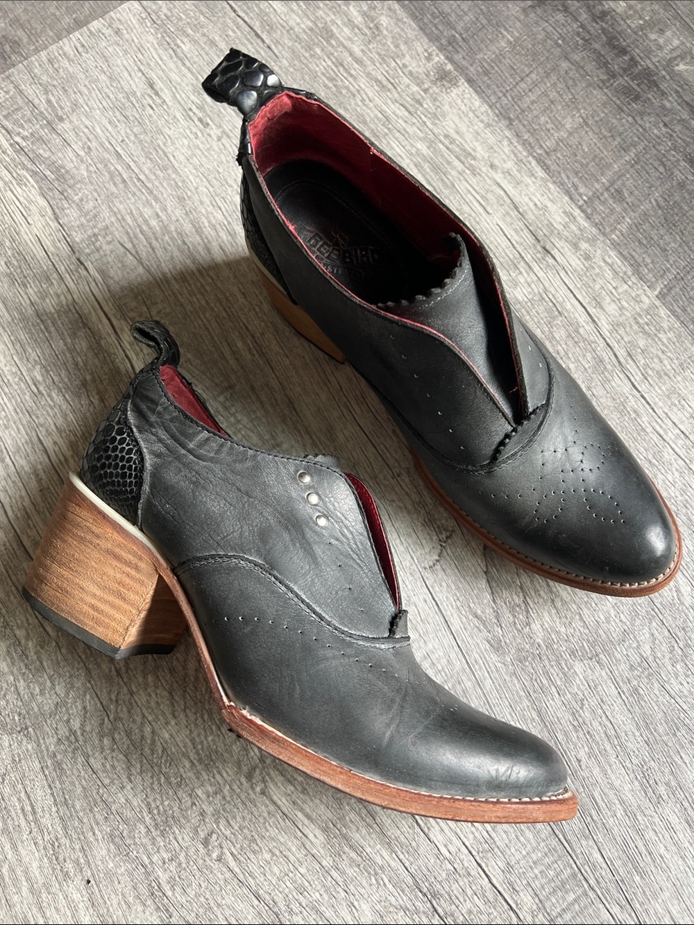 Freebird by Steven Sadie Black Leather Wingtip Perforated Oxford Booties Ankle